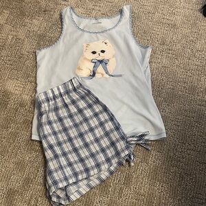 Light Blue Cat Tank and Plaid Shorts Kids Pajama Set, Art class girls L
